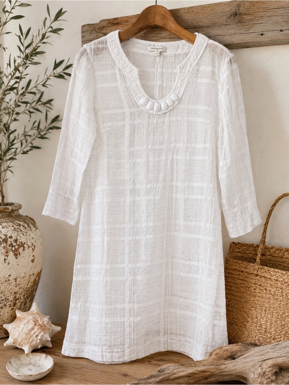 Banana Republic Spring 2012 White Metallic Plaid Embellished Dress Size M